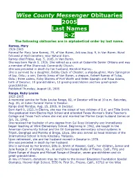 Wise County Messenger Obituaries 2005 Last Names R-Z the Following Obituaries Are in Alphabetical Order by Last Name