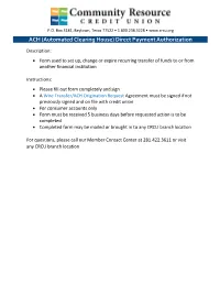 ACH (Automated Clearing House) Direct Payment Authorization