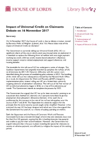 Impact of Universal Credit on Claimants Table of Contents Debate on 16 November 2017 1