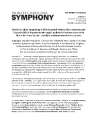North Carolina Symphony's 85Th Season Features Masterworks And