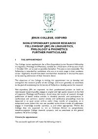 Jrf) in Linguistics, Philology & Phonetics Further Particulars