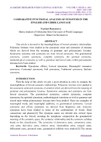 COMPARATIVE FUNCTIONAL ANALYSIS of SYNONYMS in the ENGLISH and UZBEK LANGUAGE Nazokat Rustamova Master Student of Uzbekistan