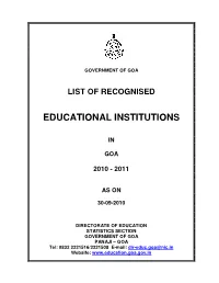 List of Educational Institutes in Goa 2010-11