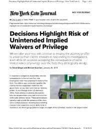 Decisions Highlight Risk of Unintended Implied Waivers of Privilege | New York Law Jo
