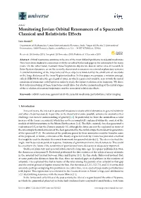 Monitoring Jovian Orbital Resonances of a Spacecraft: Classical and Relativistic Effects