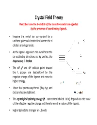 Crystal Field Theory Describes How the D Orbitals of the Transition Metal Are Affected by the Presence of Coordinating Ligands