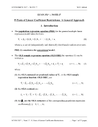 Note 17: F-Tests of Linear Coefficient Restrictions … Page 1 of 33 Pages ECONOMICS 351* -- NOTE 17 M.G