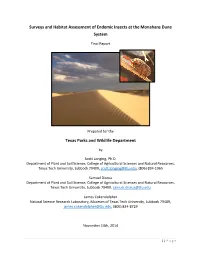 Surveys and Habitat Assessment of Endemic Insects at the Monahans Dune System