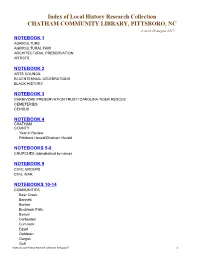 Index of Local History Research Collection CHATHAM COMMUNITY LIBRARY, PITTSBORO, NC Revised 30 August 2017