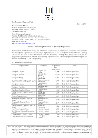 Notice Concerning Completion of Property Acquisitions