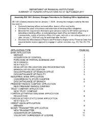 Department of Financial Institutions Summary of Pending Applications As of September 2011