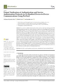 Formal Verification of Authentication and Service Authorization Protocols in 5G-Enabled Device-To-Device Communications Using Pr