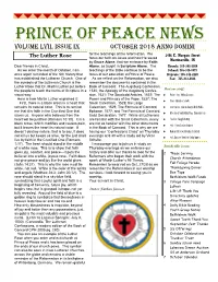 Prince of Peace News Volume LVII, Issue Ix OCTOBER 2018 Anno Domini for the Teachings of the Reformation