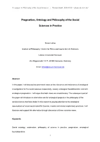 Pragmatism, Ontology and Philosophy of the Social Sciences in Practice