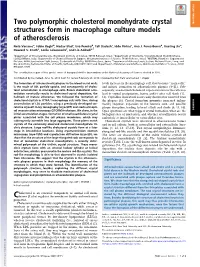 Two Polymorphic Cholesterol Monohydrate Crystal Structures Form in Macrophage Culture Models of Atherosclerosis