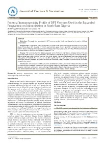 Potency/Immunogenicity Profile of DPT Vaccines Used in The