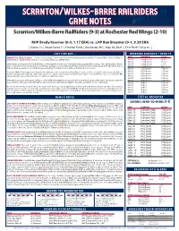 Scranton/Wilkes-Barre Railriders Game Notes Scranton/Wilkes-Barre Railriders (9-3) at Rochester Red Wings (2-10)