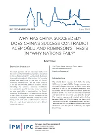 Why Has China Succeeded? Does China's Success Contradict Acemoğlu and Robinson's Thesis in “Why Nations Fail?”