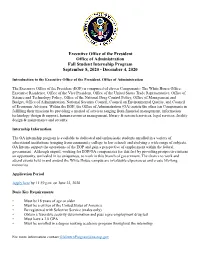 Executive Office of the President Office of Administration Fall Student Internship Program September 8, 2020 - December 4, 2020