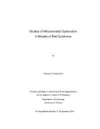 Studies of Mitochondrial Dysfunction in Models of Rett Syndrome