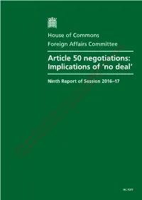 Article 50 Negotiations: Implications of ‘No Deal’