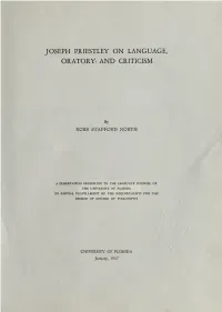 Joseph Priestley on Language, Oratory, and Criticism