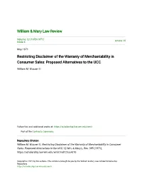 Restricting Disclaimer of the Warranty of Merchantability in Consumer Sales: Proposed Alternatives to the UCC