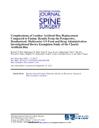 Complications of Lumbar Artificial Disc Replacement Compared to Fusion