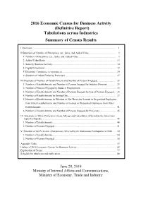 2016 Economic Census for Business Activity (Definitive Report) Tabulations Across Industries Summary of Census Results