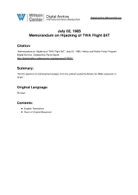 July 02, 1985 Memorandum on Hijacking of TWA Flight 847