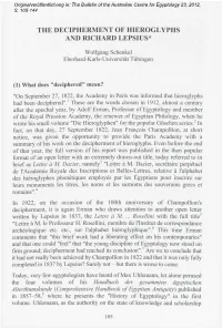 The Decipherment of Hieroglyphs and Richard Lepsius*
