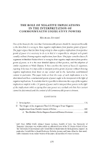 The Role of Negative Implications in the Interpretation of Commonwealth Legislative Powers