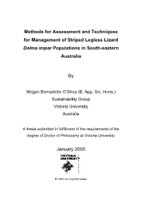 Methods for Assessment and Techniques for Management of Striped Legless Lizard Delma Impar Populations in South-Eastern Australia