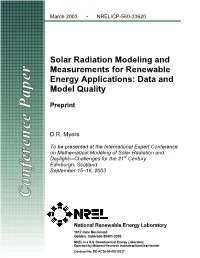 Solar Radiation Modeling and Measurements for Renewable Energy Applications: Data and Model Quality
