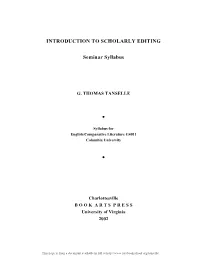 Introduction to Scholarly Editing