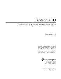Centennia TD Diode-Pumped, CW Thin-Disk Laser System Manual
