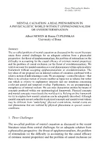 Mental Causation: a Real Phenomenon in a Physicalistic World Without Epiphenomenalism Or Overdetermination