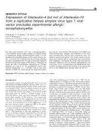 Expression of Interleukin-4 but Not of Interleukin-10 from a Replicative Herpes Simplex Virus Type 1 Viral Vector Precludes Experimental Allergic Encephalomyelitis