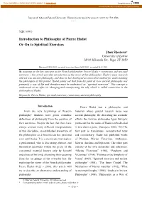 Introduction to Philosophy of Pierre Hadot Or on to Spiritual Exercises
