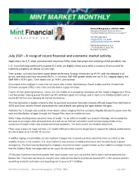 A Recap of Recent Financial and Economic Market Activity. Applications for U.S