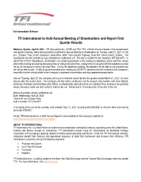 TFI International to Hold Annual Meeting of Shareholders and Report First Quarter Results