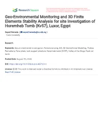 Geo-Environmental Monitoring and 3D Finite Elements Stability Analysis for Site Investigation of Horemheb Tomb (Kv57), Luxor, Egypt