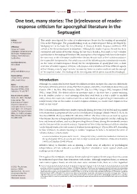 The (Ir)Relevance of Reader- Response Criticism for Apocryphal Literature in the Septuagint