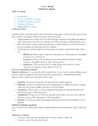Grade 7 Biology Nutrition in Animals Table of Content Introduction