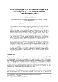 Recovery of Copper from Reverberatory Copper Slag and Production of a Leach Residue Used As a Portland Cement Additive