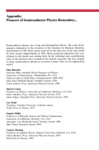 Appendix: Pioneers of Semiconductor Physics Remember