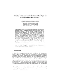 Creating Permanent Test Collections of Web Pages for Information Extraction Research*