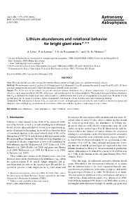 Lithium Abundances and Rotational Behavior for Bright Giant Stars�,
