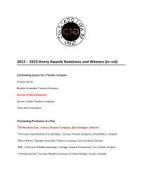 2012 – 2013 Henry Awards Nominees and Winners (In Red)