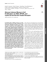 Glucose Induces Mouse Β-Cell Proliferation Via IRS2, MTOR, And